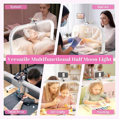 LIONVISON Nail Light for Desk: 29" Foldable Half Moon Light for Nail Tech with Phone Holder - 3 Color Modes & 10 Brightness - 40W Arch LED Nail Desk Lamp for Manicure Salon (with Diamond)