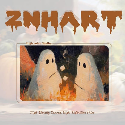 Framed Vintage Halloween Wall Art, Camping Ghosts Cozy Fireplace Canvas Prints, Gothic Whimsigoth Decor Cute Spooky Poster, Farmhouse Halloween Wall Decor, Ready to Hang 8x10in Wood Frame
