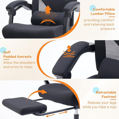 Desk Chair with Foot Rest, High-Back Mesh Office Chair with Wheels, Reclining Gaming Chair with Headrest and Adjustable Lumbar Support, 90°-130° Reclining, for Home Office and Gaming, Classic Black