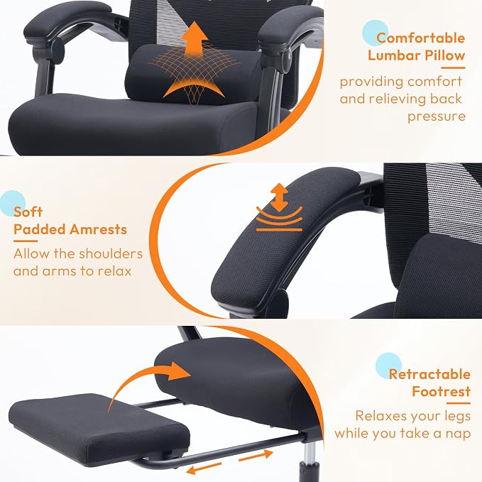 Desk Chair with Foot Rest, High-Back Mesh Office Chair with Wheels, Reclining Gaming Chair with Headrest and Adjustable Lumbar Support, 90°-130° Reclining, for Home Office and Gaming, Black