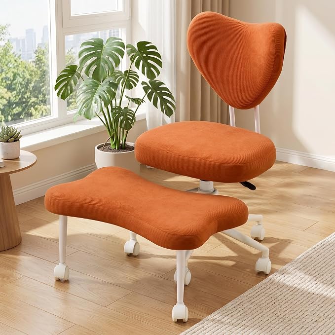 Cross Legged Office Chair with Wheels, 360 Swivel Height-Adjustable Meditation Chair with Lumbar Support, Orange