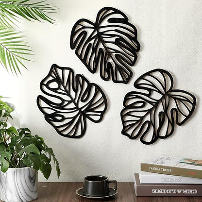Palm Leaves Wood Wall Decor , 3Pcs Tropical Wall Art Jungle Decor, Wooden Natural Leaves Plant Wall Decor, Vintage Tropical Plant Plaque for Home Living Room Kitchen Bedroom Bathroom & Garden, Black