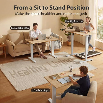 Cubiker Standing Desk, 63x28 Inches Sit Stand Home Office Desk, Electric Stand up Desk, Adjustable Desk with Splice Board, White Frame/Maple Top