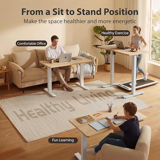 Cubiker Standing Desk, 55x24 Inches Sit Stand Home Office Desk, Electric Stand up Desk, Adjustable Desk with Splice Board, White Frame/Maple Top