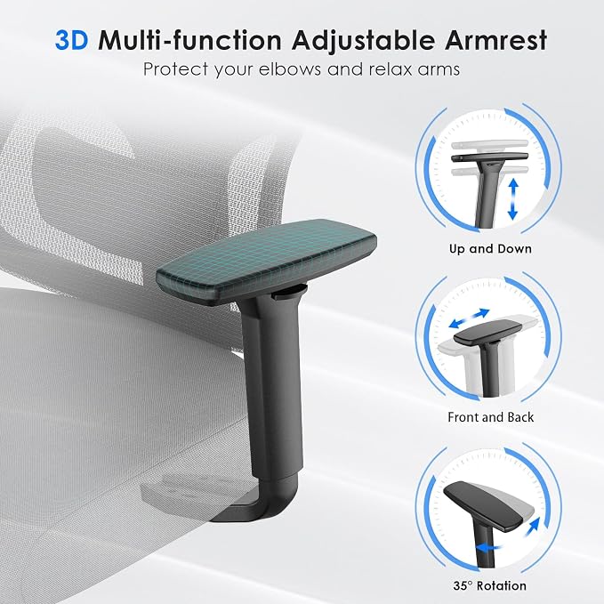 Soohow Ergonomic Office Chair,High Back Desk Chair with Adjustable Lumbar Support and Headrest,Comfy Computer Chair with 3D Armrest Recling Swivel Chair for Home, Office, Study Room, Black & Grey