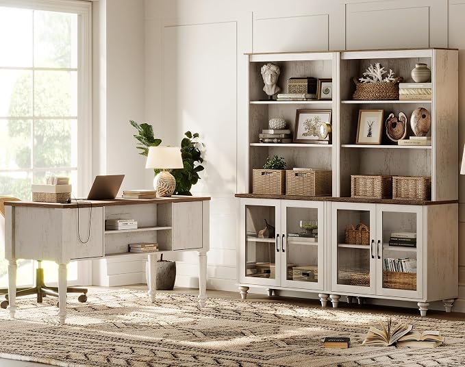 WAMPAT Home Office Furniture Set, 56" Executive Desk with Charging Station, 72" Tall Bookcase with 4 Glass Doors, Wood Computer Desk with File Cabinet Storage, Open Shelf, Rustic White