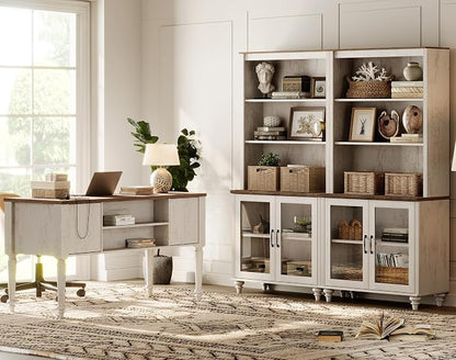 WAMPAT Home Office Furniture Set, 56" Executive Desk with Charging Station, 72" Tall Bookcase with 4 Glass Doors, Wood Computer Desk with File Cabinet Storage, Open Shelf, Rustic White