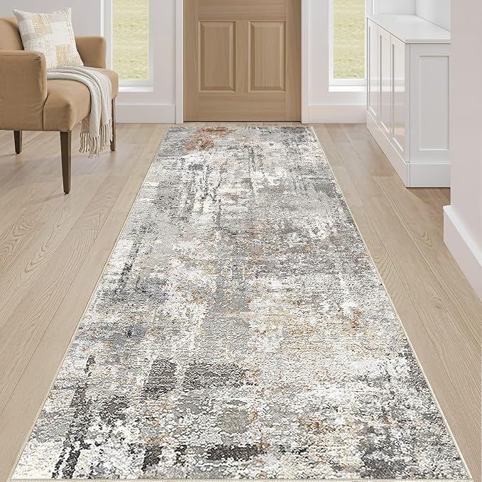 Runner Rug Kitchen Washable Rugs: 2x6 Non-Slip Abstract Soft Modern Stain Resistant Indoor Floor Neutral Accent Throw Carpet for Hallway Bathroom Laundry Room Entryway Bedroom- Gray Rust