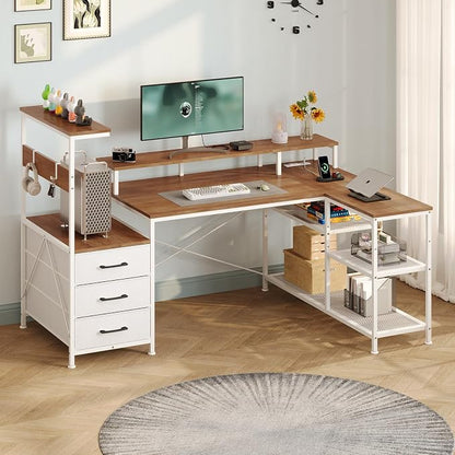 YOMILUVE L Shaped Gaming Desk with Drawers & Storage Shelves, White Gaming Desk with Power Outlets & LED Light, Reversible Computer Desk with Monitor Stand & Hooks, Brown and White