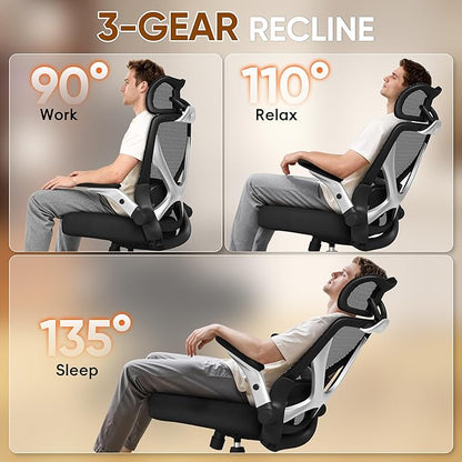 GABRYLLY Ergonomic Office Chair, Big and Tall Mesh Chair with Adjustable Lumbar Support, 5D Arms & Wide Seat, 135° Recline Home Desk Computer Chairs for Work Gaming, Heavy Duty,400LBS - Black