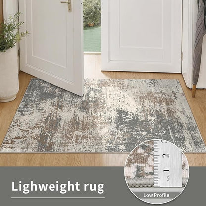 Ciicool 2'6 "x8' Washable Runner Rug, Modern Abstract Hallway Rugs Runner, Non-Slip Thin Accent Rug Lightweight Brown Gray Distressed Carpet Runners for Laundry Entryway Bedroom Kitchen Indoor