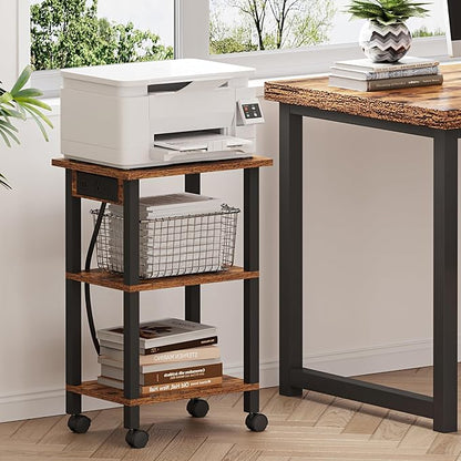 TUTOTAK 3 Tier Printer Stand, Rolling Printer Cart with Power Outlets and USB Ports, Mobile Printer Table with Wheels, for Under Desk, Office, Home,Brown PS02BB001