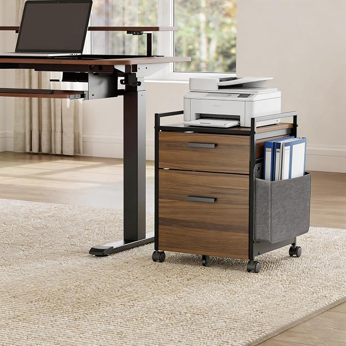 EUREKA ERGONOMIC 2 Drawer Mobile File Cabinet with Wheels, Solid Wood Rolling Storage Cabinet for Home Office, Space-Saving Under Desk Organization with Printer Stand, Walnut