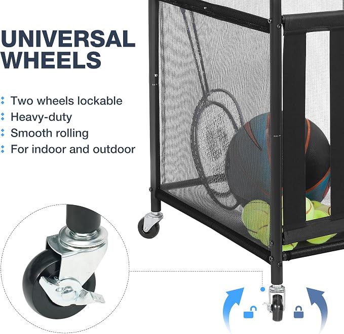 STO STO 2 Pack Rolling Sports Ball Storage Cart, Lockable Basketball Cage with Elastic Straps, Sport Equipment Holder Organizer for Indoor Outdoor, Steel Storage Rack for Playgroud and Gym, Black