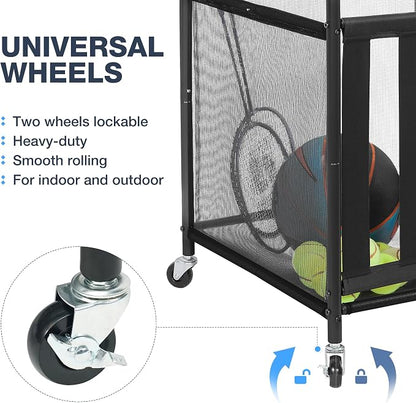 STO STO 2 Pack Rolling Sports Ball Storage Cart, Lockable Basketball Cage with Elastic Straps, Sport Equipment Holder Organizer for Indoor Outdoor, Steel Storage Rack for Playgroud and Gym, Black