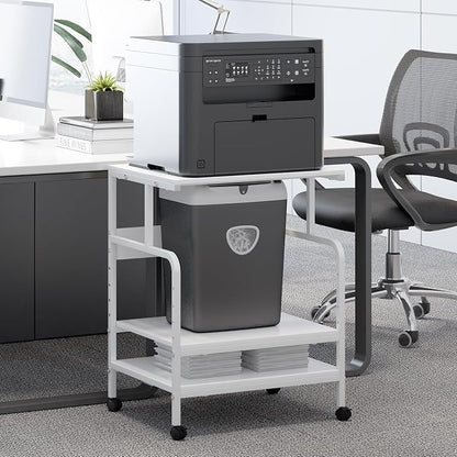 Arbuxzuy Large Printer Stand with Storage Shelf, 23.6" W x 18.9" D Printer Cart with Wheels, 3 Tier Mobile Printer Table for Home Office,Stands for Heat Press Scanner Fax (White)