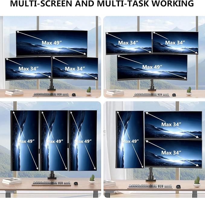 WALI Triple Monitor Mount for up to 49 inch Ultrawides on Top Bracket and 34 inch Screens on Side Brackets, Tall Triple Monitor Stand for Desk, Heavy Duty Monitor Arm up to 33 lbs (GSDM003XLN), Black