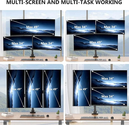 WALI Triple Monitor Mount for up to 49 inch Ultrawides on Top Bracket and 34 inch Screens on Side Brackets, Tall Triple Monitor Stand for Desk, Heavy Duty Monitor Arm up to 33 lbs (GSDM003XLN), Black