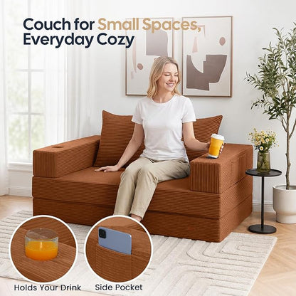 COMAX Futon Sofa Bed, 4‑in‑1 Convertible Sofa Bed, Folding Boneless Couches | Boneless Couch for living room, Fold Out Small Foldable Loveseat Floor Sleeper Mattress Lounge Space‑Saving, Orange