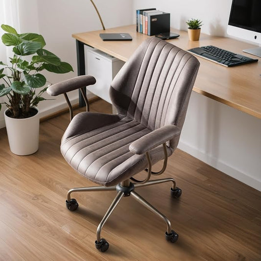 Mid Century Modren Office Chair - Fuax Leather Suede Brown Executive Chairs Ergonomic Mid Back with Lumbar Support, Swivel Computer Desk Task Chair with Wheels for Home Office (Grey, Mid Back)