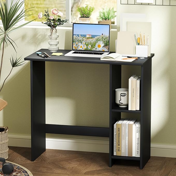 Giantex Small Desk, Compact Study Writing Desk with 3-Position Adjustable Shelf, Anti-Toppling Kit, Modern PC Laptop Table, Home Office Computer Workstation for Small Space Bedroom Dorm, Black