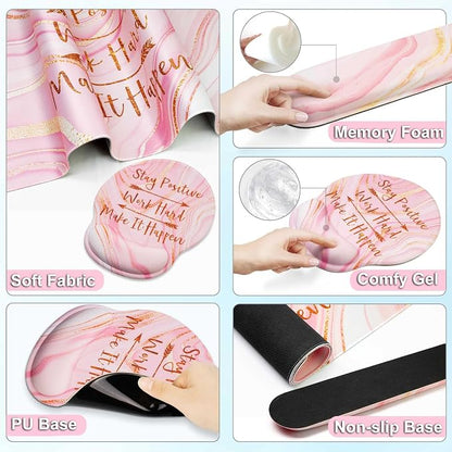 Large Mouse Pad and Keyboard Wrist Rest + Desk Mat Set,Full Long Mouse Pads for Desk Accessories with Memory Foam Gel Pink Mousepad for Women Computer Desktop Office Work-Rose Gold & Pink