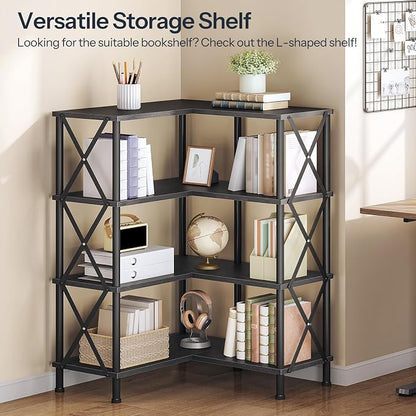 HOOBRO Corner Bookshelf, 4-Tier L-Shaped Bookcase, Industrial Open Display Shelf Tall Storage Organizer, Vertical Storage Rack, for Living Room, Home Office, Black BB59SJ01