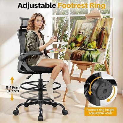 Drafting Chair, Tall Office Chair for Standing Desk, Ergonomic High Back with Headrest, Lumbar Support, Foot Ring and Flip-up Armrests, Black