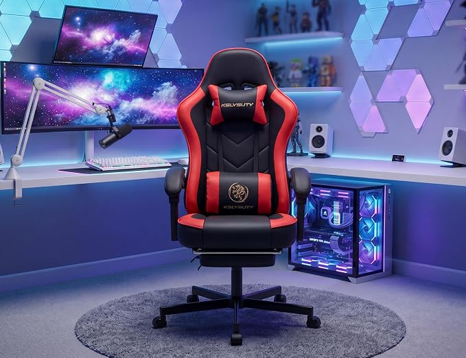 Office Desk Computer Gaming Chair for Adults, Ergonomic High Back Gamer Chair with Massage and Pocket Spring Cushion, Swivel Comfy Video Game Chairs with Footrest and Lumbar Support (Black Red)