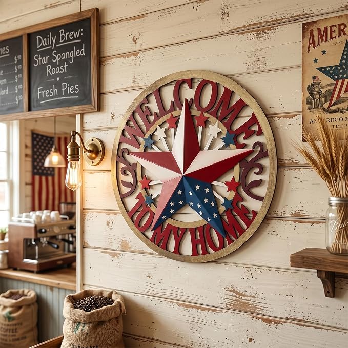 Patriotic Outdoor Decor USA Metal Star Hanging Welcome Home Signs Metal Wall Decor 4th of July Patriotic Front Door Wreaths Hanger,Meta Flag Garden Fence Patio Front Porch Yard Indoor Outdoor 12''H