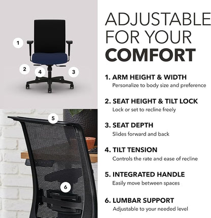 HON Convergence Ergonomic Office Chair with Mesh Back, Adjustable Arms, Lumbar Support, Synchro‑Tilt Desk Chair with Wheels for Home Office or Computer Use, Black Frame, Indigo
