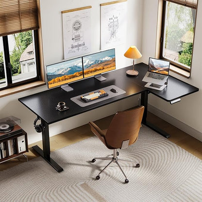 OffiGo Electric L Shaped Standing Desk, 63 Inches Height Adjustable Table, Reversible Corner Stand Up Desk, Lifting Computer Table for Home Office, Computer Workstation, Carbon Fiber Black