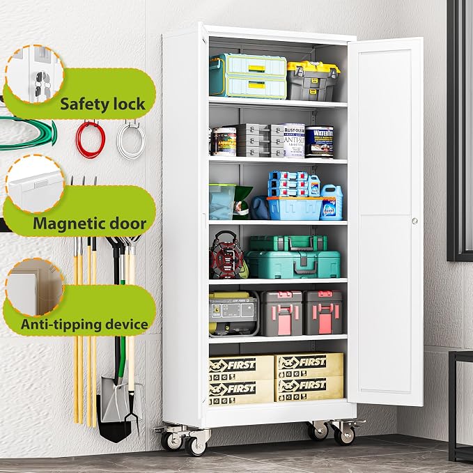 74.8" H Metal Garage Storage Cabinet with Doors and Shelves, Rolling Storage Cabinet with Lock, Steel Cabinets on Wheels, Large Tool Locker for Garage, Home Office, Shop, White