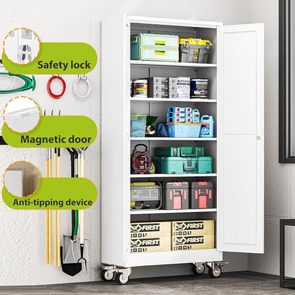 74.8" H Metal Garage Storage Cabinet with Doors and Shelves, Rolling Storage Cabinet with Lock, Steel Cabinets on Wheels, Large Tool Locker for Garage, Home Office, Shop, White