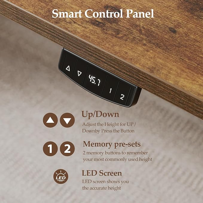 Klicelor 55 x 28 Electric Standing Desk, Sit Stand Up Home Office Desk, Height Adjustable Deep Cumputer Table with Memory Presets and Hooks, Two Pieces, Rustic Brown