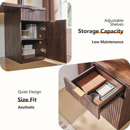 JXQTLINGMU 60" Modern Executive Desk with Storage, Wood Home Office Desk with Drawer & Cabinet, Fluted Computer Writing Desk for Study, Living Room, Bedroom, Dark Walnut