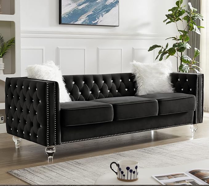 Mikibama Velvet 3 Seater Sofa Couch with Buttons and Square Arms 83.07 Inch Tufted 3-seat Sofas with Trimmed Nailhead and Acrylic Legs Modern Couches for Living Room,Bedroom (Black-crystal Legs, Sofa)