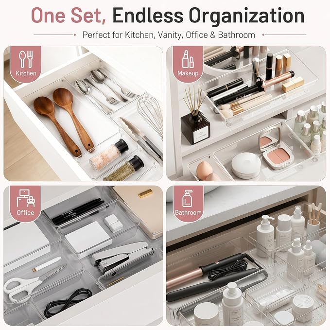 8 Pack Large Clear Plastic Drawer Organizer Bins - Acrylic Bathroom Drawer Organizer Trays - Heavy Duty Kitchen Drawer Dividers for Utensils - Non-Slip Storage Bins for Makeup, Bedroom, Office Desk