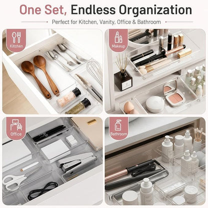 8 Pack Large Clear Plastic Drawer Organizer Bins - Acrylic Bathroom Drawer Organizer Trays - Heavy Duty Kitchen Drawer Dividers for Utensils - Non-Slip Storage Bins for Makeup, Bedroom, Office Desk