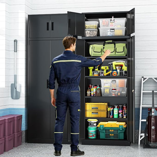 Metal Storage Cabinet, 87 Inch Tall Locking Cabinet with Top Cabinet, Heavy Duty Garage Cabinet with Doors and 4 Adjustable Shelves, Pantry Cabinets for Office, Garage, Home-Black