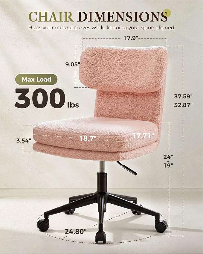 COMHOMA Vanity Chair with Ergonomic Curved Backrest, Home Office Desk Chair with Silent Wheel, Wide Seating Computer Chair for Girls Women Bedroom, Soft Teddy Fabric, Pink