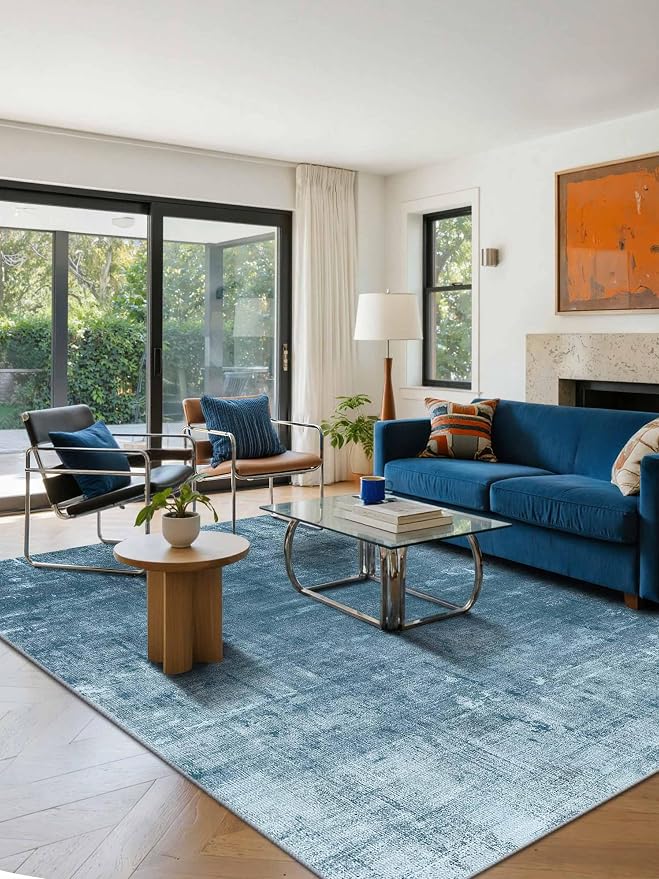 Latte&Fog 6x9 Area Rugs for Living Room Bedroom, Blue Modern Abstract Neutral Washable Rug, Boho Non Slip Low Pile Carpet for Dining Room, Dorm, Classroom, College Dorm, Farmhouse and Kids Room - Blue