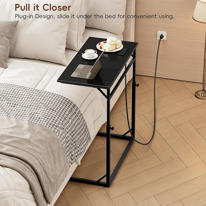 Vagusicc C Shaped End Table with Charging Station, C-Table End Table Adjustable Height Side Table for Couch, Large Couch Tables,Slide Under Sofa Tables TV Tray Arm Tables for Living Room,Bedroom,Black