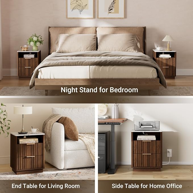 Fluted Nightstand, Walnut Night Stand, Nightstand with Faux Marble Top and Charging Station, 2 Drawers Wooden End Table w/Storage, Modern Bedside Table for Bedroom, Curved Corners