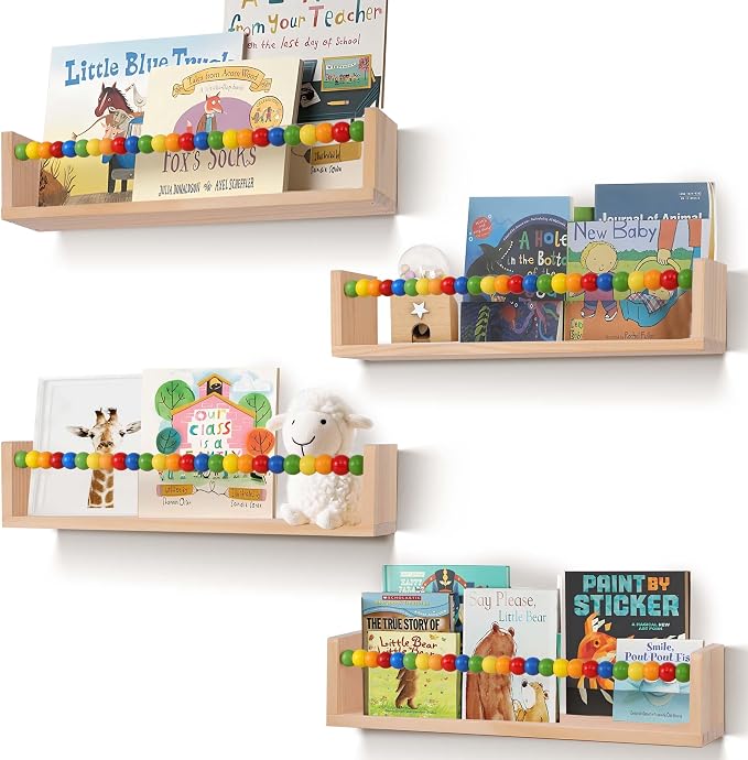 Nursery Book Shelves Wall Mounted Set of 4,Floating Book Shelves for Wall,Nursery Shelves for Bookshelf Wall,Kids Bookshelf (Five-Color Beads)