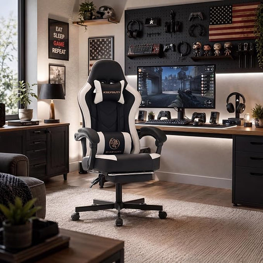 Desk Computer Gaming Chair - High Back Ergonomic Office Chair with Footrest and Lumbar Support, Swivel Comfy Home Gamer Video Game Chairs with Pocket Spring Cushion for Adults (White Leather)
