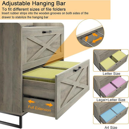 Halitaa File Cabinet 2 Drawers, Lateral File Cabinet with Charging Station for Letter/Legal/A4 Size Hanging Files, Large Wood File Storage Cabinets Printer Stand for Home Office, Washed Gray