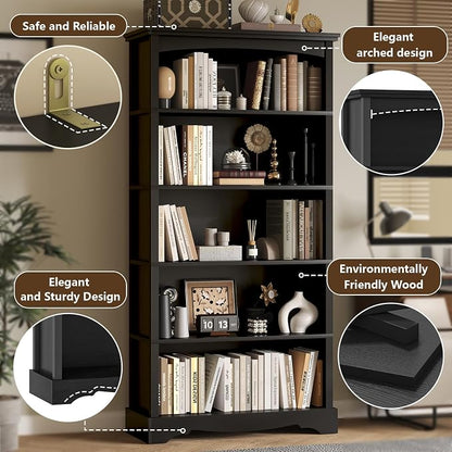 TVU 5-Tier Wooden Bookshelf, 31.5" W x 65" H ×9.9" D Bookshelf with Storage, Floor Standing Modern Style Display Bookcase for Living Room, Office, Study Room, Entryway, Black