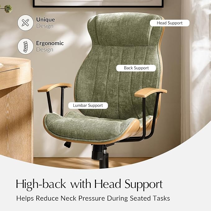 HULALA HOME Solid Wood Office Chair with Tilt Function, Mid Century Modern Bentwood Desk Chair with High Backrest, Height Adjustable Swivel Fabric Computer Task Chair, Green