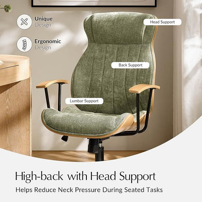 HULALA HOME Solid Wood Office Chair with Tilt Function, Mid Century Modern Bentwood Desk Chair with High Backrest, Height Adjustable Swivel Fabric Computer Task Chair, Green